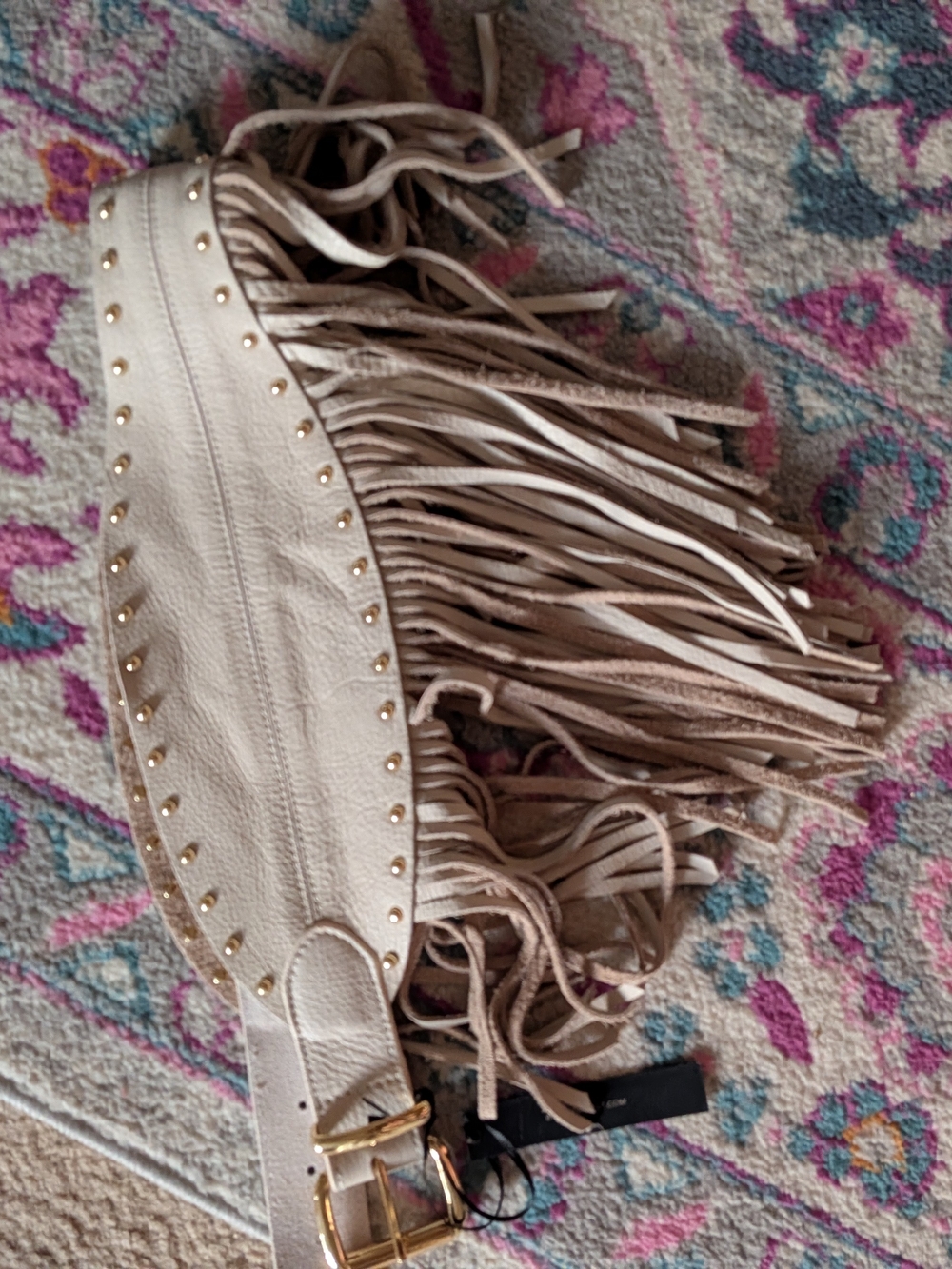 NWT! B-Low the Belt Beige Fringed Wide Waist Belt with Gold Buckle - Picture 9 of 10